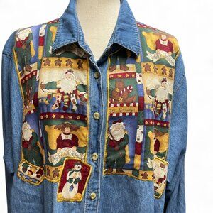 The Quacker Factory Vintage Womens Holiday Santa‎ Denim Longsleeve Button up 2X